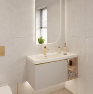 Staron Natural SV041 vanity. Custom bathroom vanities with a solid surface basin. 3D bathroom builder for bespoke standalone basins.