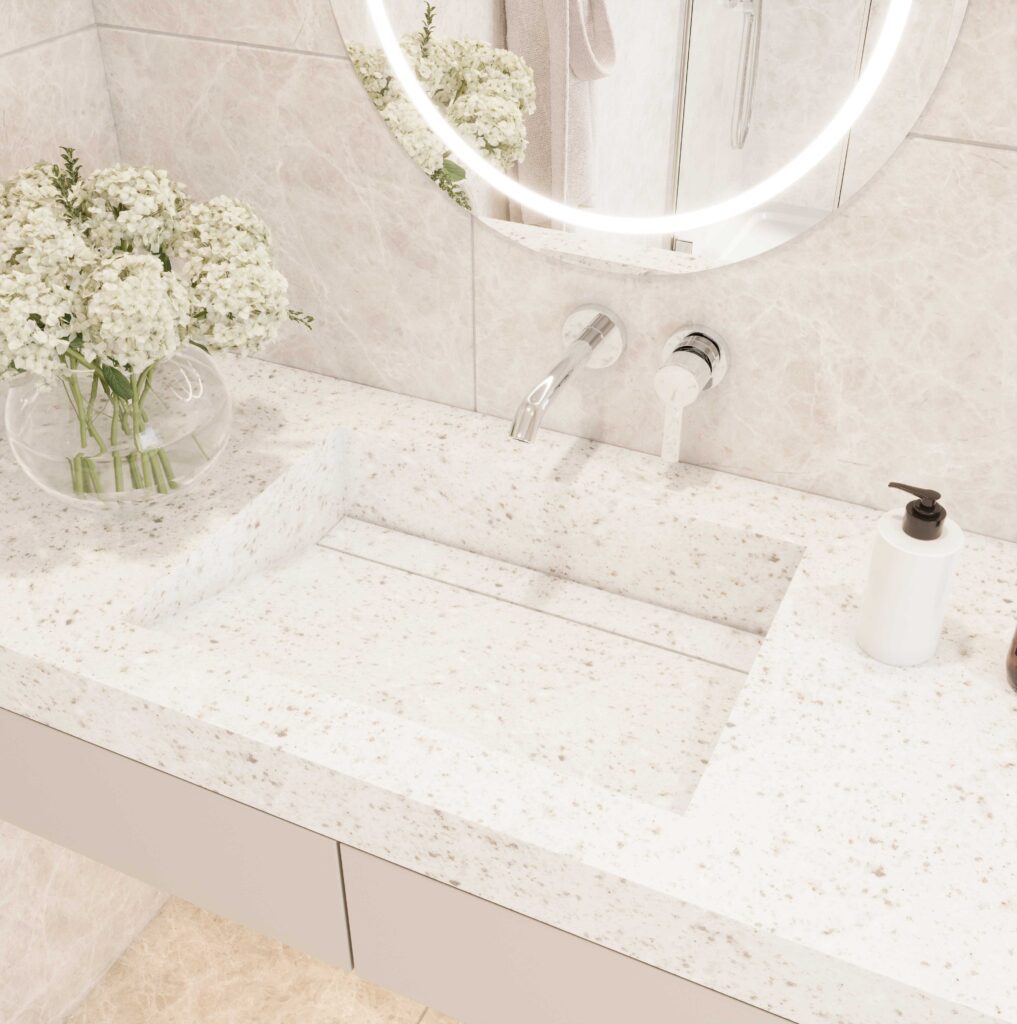 Staron Quarry Oyster vanity with standalone basin. Custom bathroom vanities using 3D builder. Solid Surface countertop.