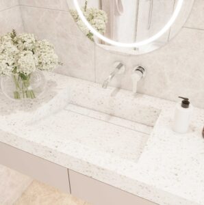 Staron Quarry Oyster vanity with standalone basin. Custom bathroom vanities using 3D builder. Solid Surface countertop.