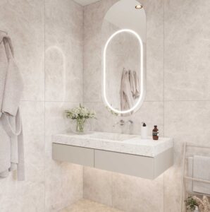 Staron Quarry Oyster bathroom vanity. Custom solid surface standalone basin in a modern bathroom. 3D bathroom builder design.