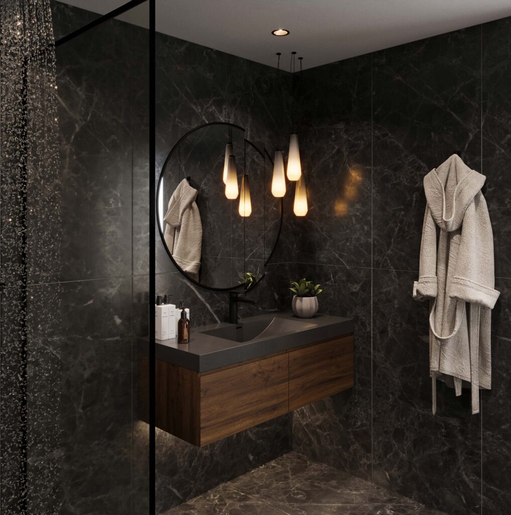 Sanded Tundra Staron Solid Surface for custom bathroom vanities. 3D bathroom builder with standalone basins, dark stone walls and floor.