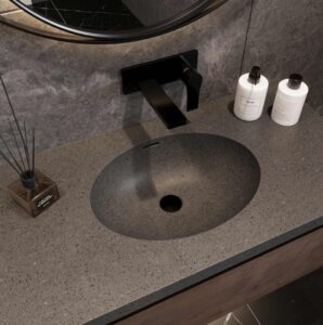 Staron Sanded Heron SH428 vanity with standalone basin. Solid Surface custom bathroom vanity created with 3D bathroom builder.