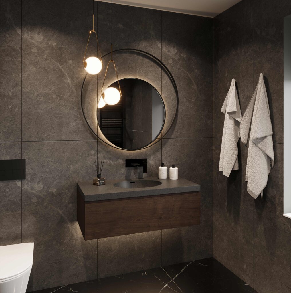 Staron Sanded Heron SH428 custom bathroom vanity. Solid Surface standalone basin with a round mirror and modern lighting. 3D bathroom builder.