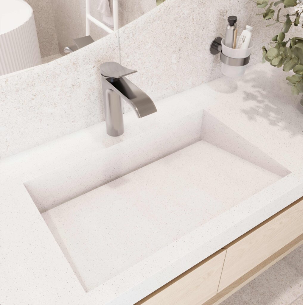 Aspen Alder Staron Solid Surface custom bathroom vanity with standalone basin. 3D bathroom builder design, modern faucet.