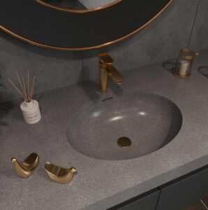 Staron Aspen Concrete AC629 vanity. Custom bathroom vanity with solid surface basin. 3D bathroom builder for bespoke vanities.
