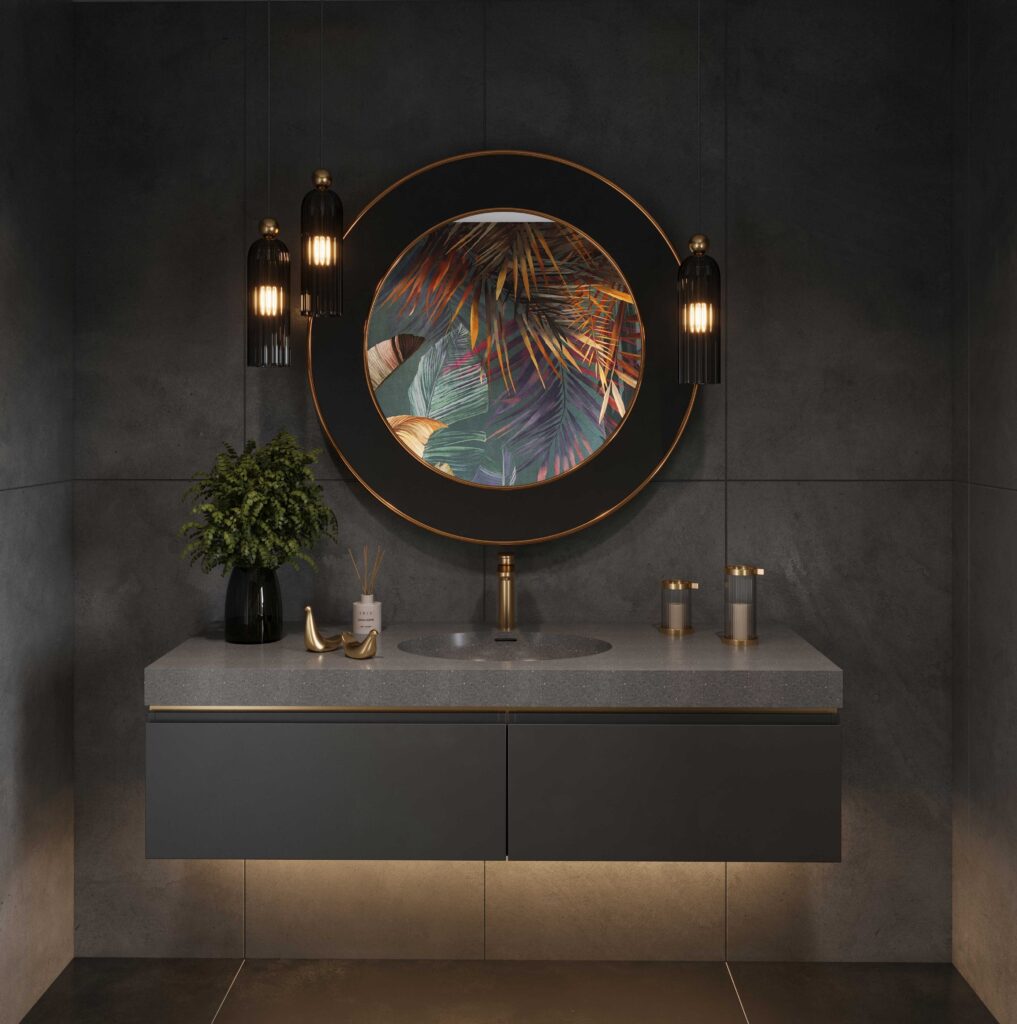 Staron Aspen Concrete AC629: Custom bathroom vanity with standalone basin. Solid Surface countertop, round mirror, and 3D bathroom design.