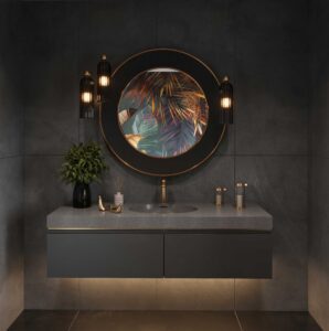 Staron Aspen Concrete AC629: Custom bathroom vanity with standalone basin. Solid Surface countertop, round mirror, and 3D bathroom design.