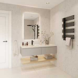 Staron Aspen Lily solid surface custom bathroom vanity. 3D bathroom design with standalone basin and modern black towel radiator.