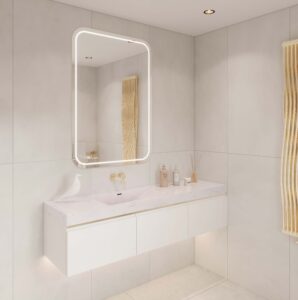 Morning Sky Staron Solid Surface bathroom vanity. Custom bathroom design with standalone basins, created using a 3D builder.