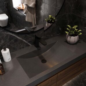 Sanded Tundra ST482 vanity with a standalone basin. Custom bathroom vanity design using our 3D builder. Solid surface countertop.