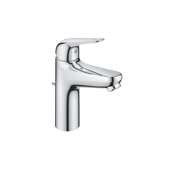 Swift M basin mixer with pop-up waste in chrome. Modern tap for standalone basins and custom bathroom vanities. 3D bathroom builder.