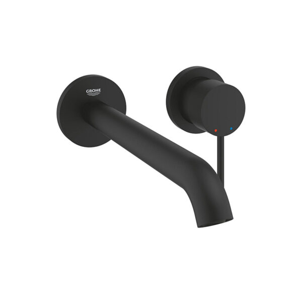 Grohe Essence New two-hole basin mixer in phantom black. Bathroom faucet for custom vanities and standalone basins. 3D bathroom builder.