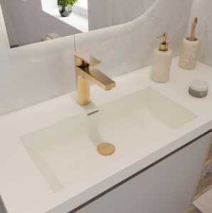 Natural Solid Surface vanity with standalone basin and gold faucet. Custom bathroom vanities with 3D builder. WDT023.
