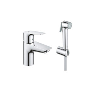 Chrome BauEdge S size basin mixer with hand shower for custom bathroom vanities, standalone basins, and 3D bathroom builder designs.