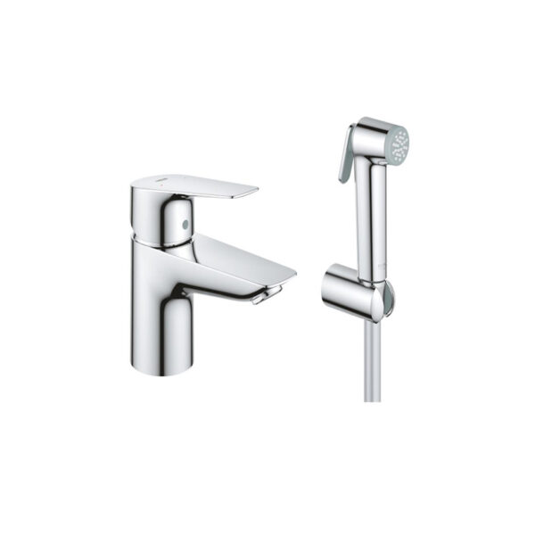 Chrome BauEdge S size basin mixer with hand shower for custom bathroom vanities, standalone basins, and 3D bathroom builder designs.