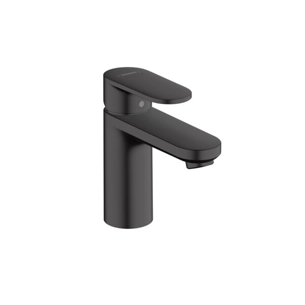 Matt black Vernis Blend 100 basin mixer with pop-up. Bathroom tap for custom bathroom vanities, solid surface, and standalone basins.