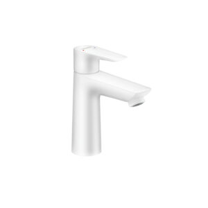 Matt white single-lever basin mixer. Modern bathroom fixture for custom bathroom vanities. Design your standalone basin with our 3D builder.
