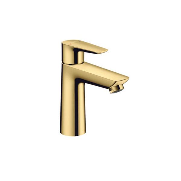 Polished gold single lever basin mixer for 3D bathroom builder. Custom bathroom vanities with standalone basins and solid surface.
