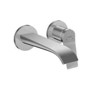 Vivenis chrome, wall-mounted 2-hole basin mixer. Concealed installation for custom bathroom vanities. Design your bathroom with our 3D builder.