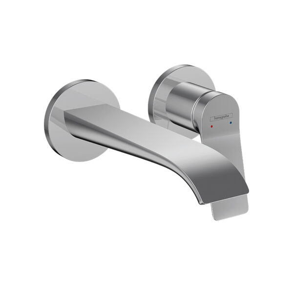 Vivenis chrome, wall-mounted 2-hole basin mixer. Concealed installation for custom bathroom vanities. Design your bathroom with our 3D builder.