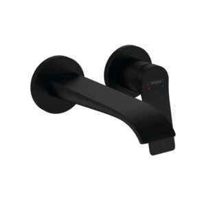 Matt black Vivenis wall-mounted 2 hole basin mixer for custom bathroom vanities. Use our 3D bathroom builder to design yours.
