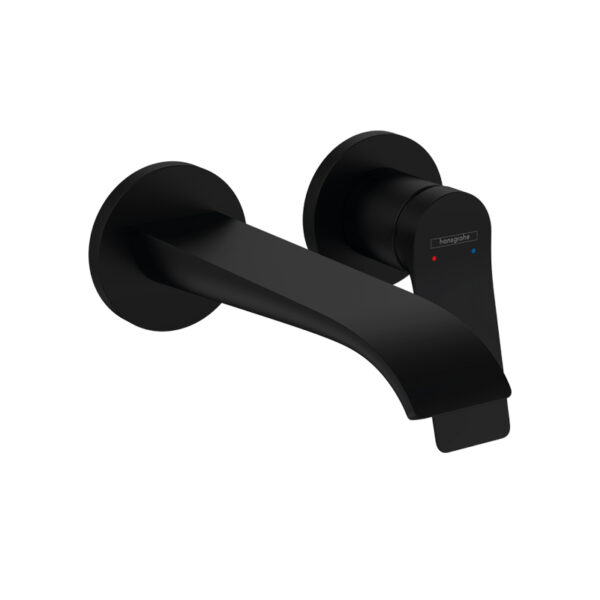 Matt black Vivenis wall-mounted 2 hole basin mixer for custom bathroom vanities. Use our 3D bathroom builder to design yours.
