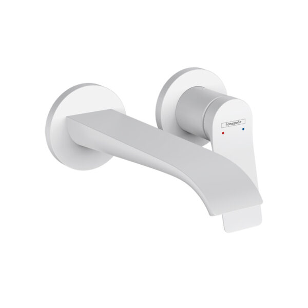 Vivenis matt white wall-mounted 2-hole basin mixer for custom bathroom vanities. Use our 3D bathroom builder to design your dream bathroom.