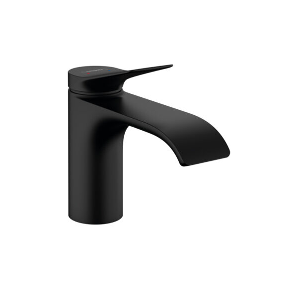 Matt black Vivenis 100 washbasin mixer for custom bathroom vanities. Modern standalone basin tap by 3D bathroom builder, solid surface design.