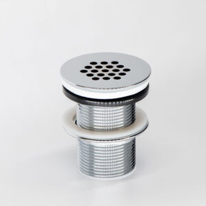 Klik-klak drain, cap as basin, without overflow. Non-closeable chrome drain for custom bathroom vanities. Solid Surface, 3D bathroom builder.