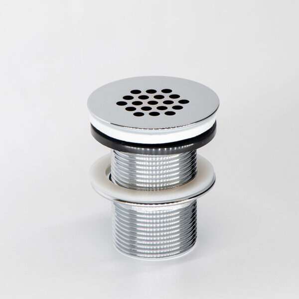 Klik-klak drain, cap as basin, without overflow. Non-closeable chrome drain for custom bathroom vanities. Solid Surface, 3D bathroom builder.