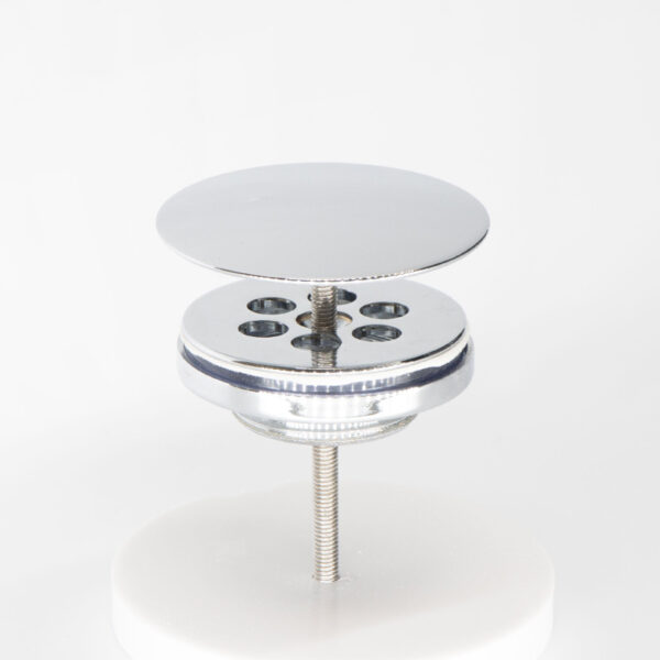 Klik-klak drain cap for basin without overflow. Chrome finish. Ideal for custom bathroom vanities and standalone basins. 3D bathroom builder.