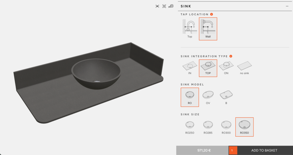 Home: 3D bathroom builder showing custom bathroom vanities with solid surface. Standalone basin RO350 on top of custom vanity. Configure your sink now.