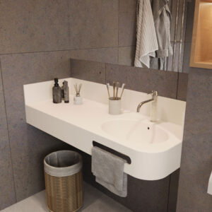 KORTE design bathroom: Solid Surface vanity with basin. Custom bathroom vanities in Corian, Meganite, Staron. 3D bathroom builder.