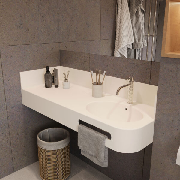 KORTE design bathroom: Solid Surface vanity with basin. Custom bathroom vanities in Corian, Meganite, Staron. 3D bathroom builder.