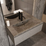 Custom bathroom vanity: KORTE design. Solid surface basin, Corian countertop, and black faucets. 3D bathroom builder. Meganite, Staron.