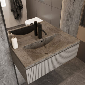 Custom bathroom vanity: KORTE design. Solid surface basin, Corian countertop, and black faucets. 3D bathroom builder. Meganite, Staron.