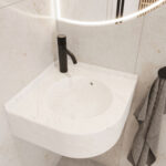 KORTE design custom bathroom vanity. Solid surface Corian basin with black faucet. 3D bathroom builder for bespoke designs.