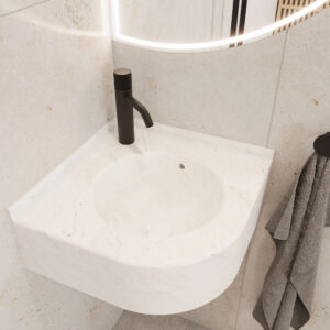 KORTE design custom bathroom vanity. Solid surface Corian basin with black faucet. 3D bathroom builder for bespoke designs.