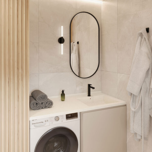 KORTE design custom bathroom vanity with solid surface countertop, standalone basin, black faucet, oval mirror, and washing machine. 3D bathroom builder.