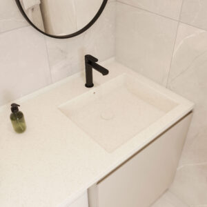 Custom bathroom vanity with a solid surface basin. Corian, Meganite, Staron alternative. Design your own with our 3D bathroom builder.