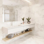 Custom bathroom vanity with a solid surface basin. Corian, Meganite, Staron. 3D bathroom builder. Modern design.