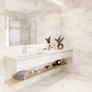Custom bathroom vanity with a solid surface basin. Corian, Meganite, Staron. 3D bathroom builder. Modern design.