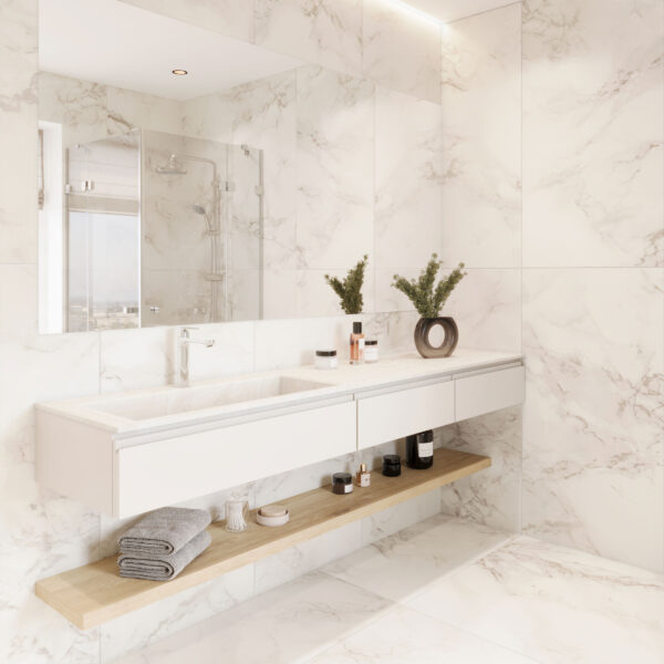 Custom bathroom vanity with a solid surface basin. Corian, Meganite, Staron. 3D bathroom builder. Modern design.