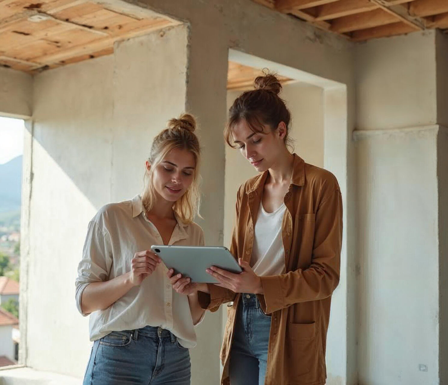 Become a Partner: Two women review a 3D bathroom design on a tablet. Custom bathroom vanities, standalone basins, and solid surface options.