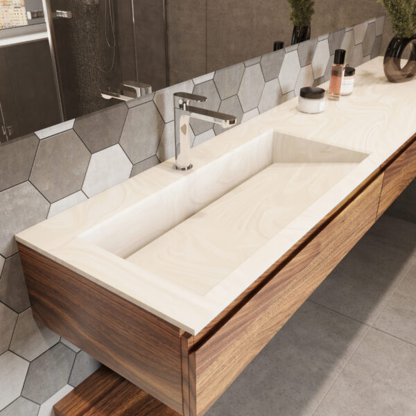 Solid surface bathroom vanity top with right-side integrated sink and minimalist design