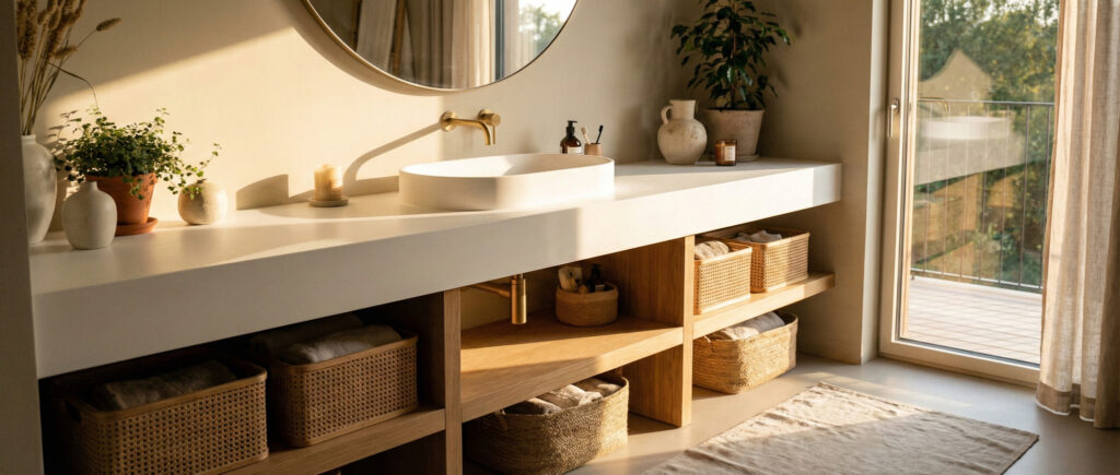 Modern and cozy bathroom interior featuring a long white matte Corian vanity top with a raised vessel sink by Korte.design. The vanity includes open wooden shelving with woven rattan baskets, brass fixtures, and decorative vases, illuminated by warm sunlight streaming from a window on the right.