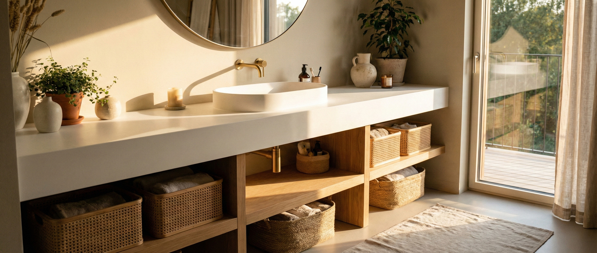 Modern and cozy bathroom interior featuring a long white matte Corian vanity top with a raised vessel sink by Korte.design. The vanity includes open wooden shelving with woven rattan baskets, brass fixtures, and decorative vases, illuminated by warm sunlight streaming from a window on the right.