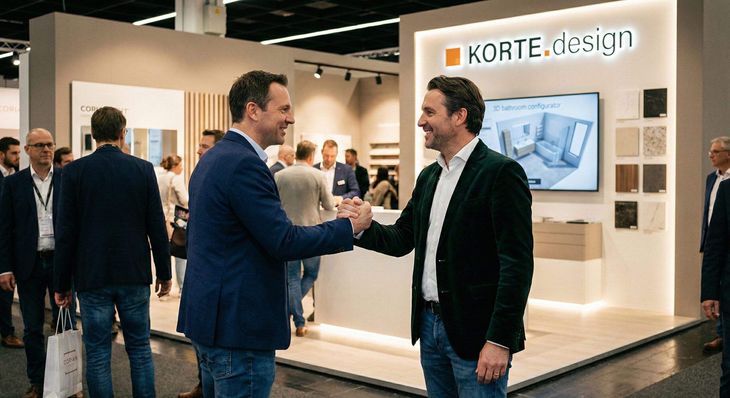Business partners shaking hands at Korte Design exhibition booth, discussing white-label solid surface partnership opportunities