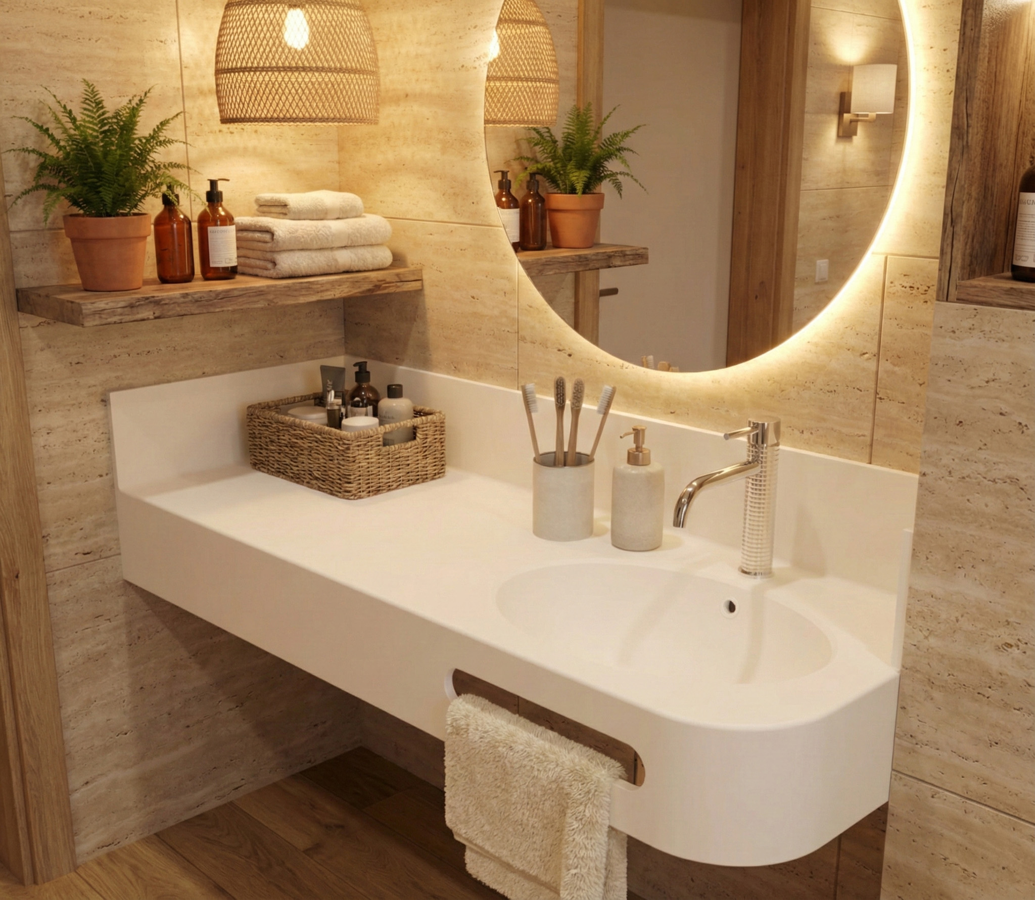 A KORTE design 3D configurator-generated countertop with a rounded edge and an integrated towel rail. The scene includes a chrome faucet, an oval basin, and warm wooden shelving with potted plants.