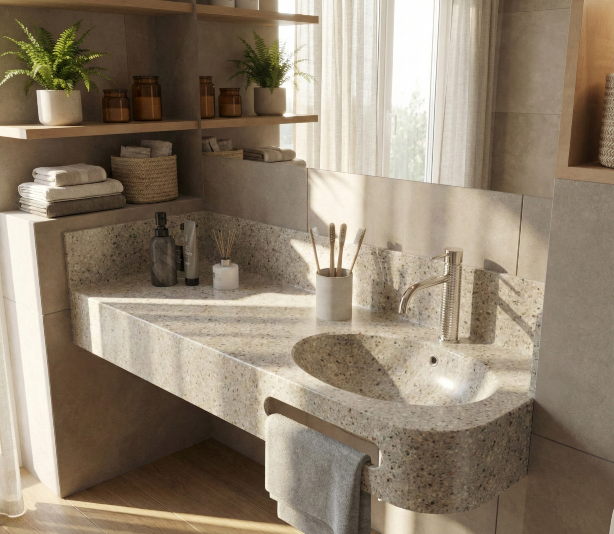 A KORTE design 3D configurator-generated countertop with a rounded edge and an integrated towel rail. The scene includes a chrome faucet, an oval basin, and warm wooden shelving with potted plants.